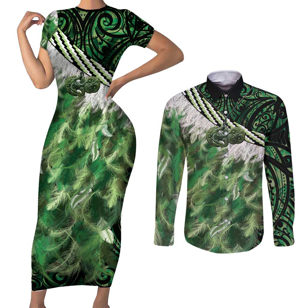 Green Traditional Cloak Aotearoa Couples Matching Short Sleeve Bodycon Dress and Long Sleeve Button Shirt Maori Paua Shell Korowai Pattern