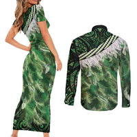 Green Traditional Cloak Aotearoa Couples Matching Short Sleeve Bodycon Dress and Long Sleeve Button Shirt Maori Paua Shell Korowai Pattern