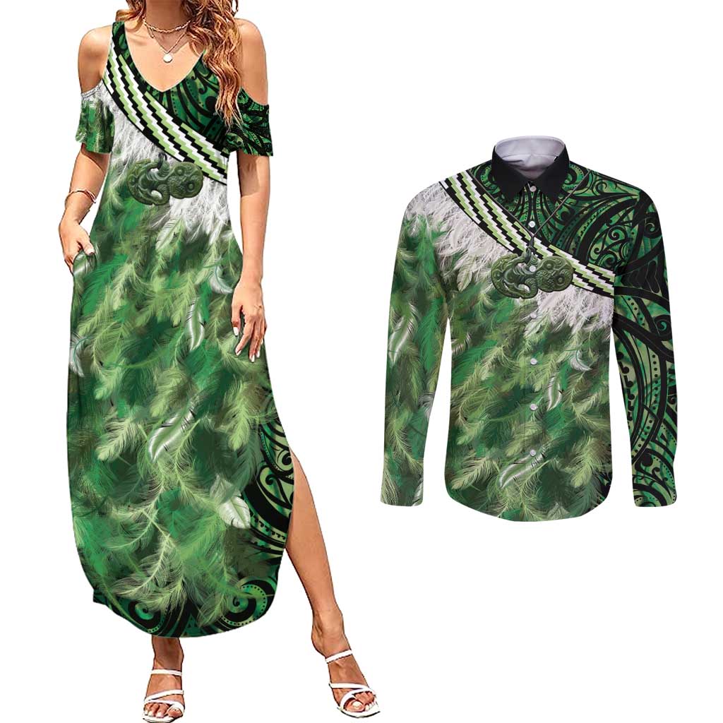 Green Traditional Cloak Aotearoa Couples Matching Summer Maxi Dress and Long Sleeve Button Shirt Maori Paua Shell Korowai Pattern