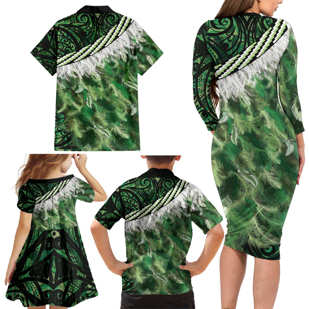 Green Traditional Cloak Aotearoa Family Matching Long Sleeve Bodycon Dress and Hawaiian Shirt Maori Paua Shell Korowai Pattern LT14 - Polynesian Pride