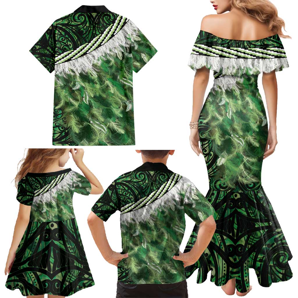 Green Traditional Cloak Aotearoa Family Matching Mermaid Dress and Hawaiian Shirt Maori Paua Shell Korowai Pattern LT14 - Polynesian Pride