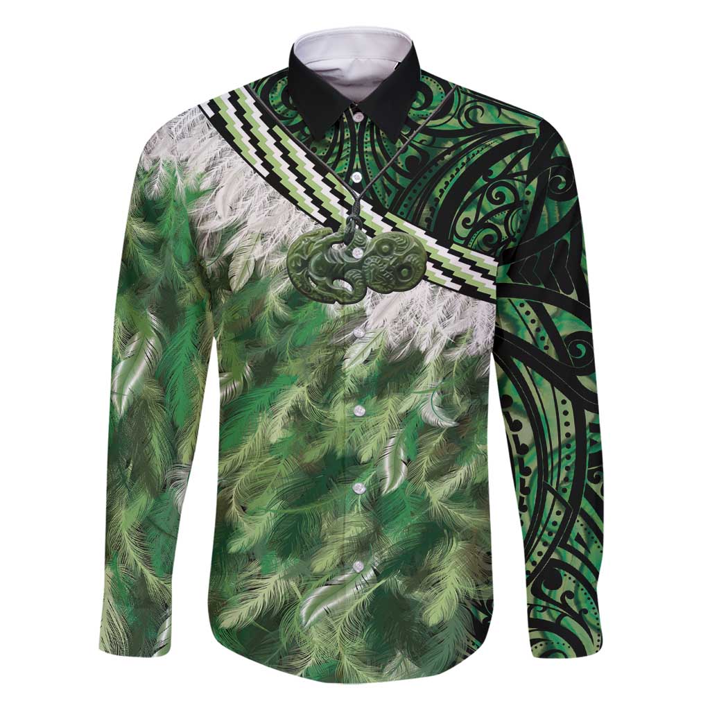 Green Traditional Cloak Aotearoa Family Matching Mermaid Dress and Hawaiian Shirt Maori Paua Shell Korowai Pattern LT14 Dad's Shirt - Long Sleeve Green - Polynesian Pride