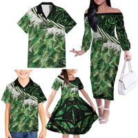 Green Traditional Cloak Aotearoa Family Matching Off The Shoulder Long Sleeve Dress and Hawaiian Shirt Maori Paua Shell Korowai Pattern LT14 - Polynesian Pride