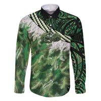 Green Traditional Cloak Aotearoa Family Matching Off The Shoulder Long Sleeve Dress and Hawaiian Shirt Maori Paua Shell Korowai Pattern LT14 Dad's Shirt - Long Sleeve Green - Polynesian Pride