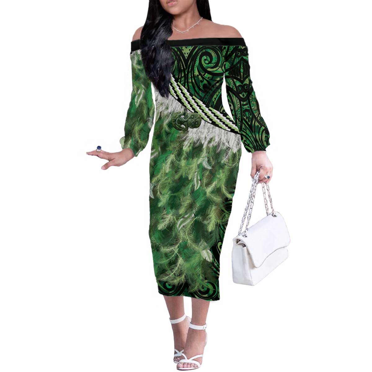 Green Traditional Cloak Aotearoa Family Matching Off The Shoulder Long Sleeve Dress and Hawaiian Shirt Maori Paua Shell Korowai Pattern LT14 Mom's Dress Green - Polynesian Pride