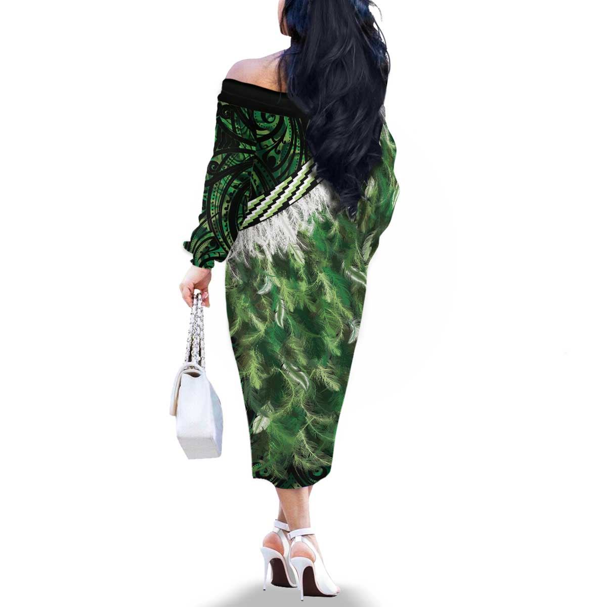 Green Traditional Cloak Aotearoa Family Matching Off The Shoulder Long Sleeve Dress and Hawaiian Shirt Maori Paua Shell Korowai Pattern LT14 - Polynesian Pride