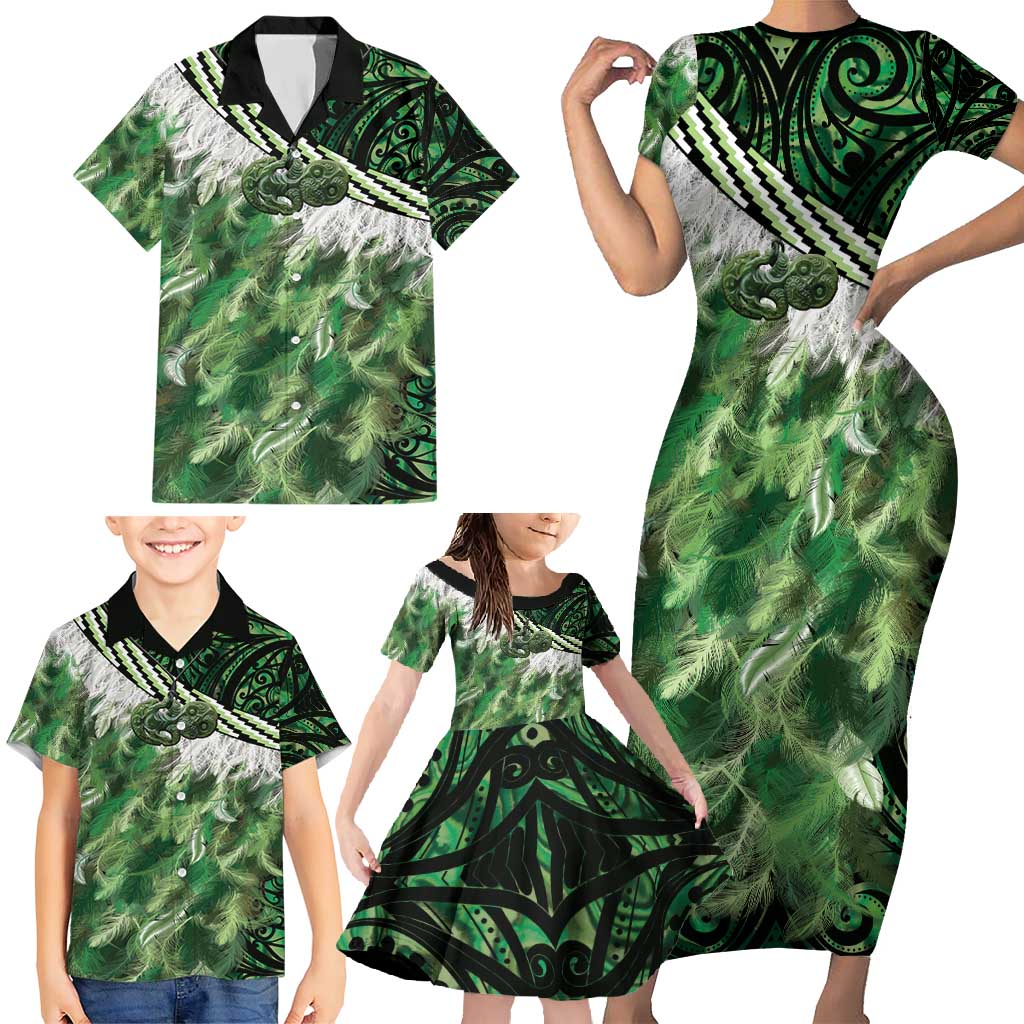 Green Traditional Cloak Aotearoa Family Matching Short Sleeve Bodycon Dress and Hawaiian Shirt Maori Paua Shell Korowai Pattern LT14 - Polynesian Pride