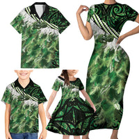 Green Traditional Cloak Aotearoa Family Matching Short Sleeve Bodycon Dress and Hawaiian Shirt Maori Paua Shell Korowai Pattern LT14 - Polynesian Pride