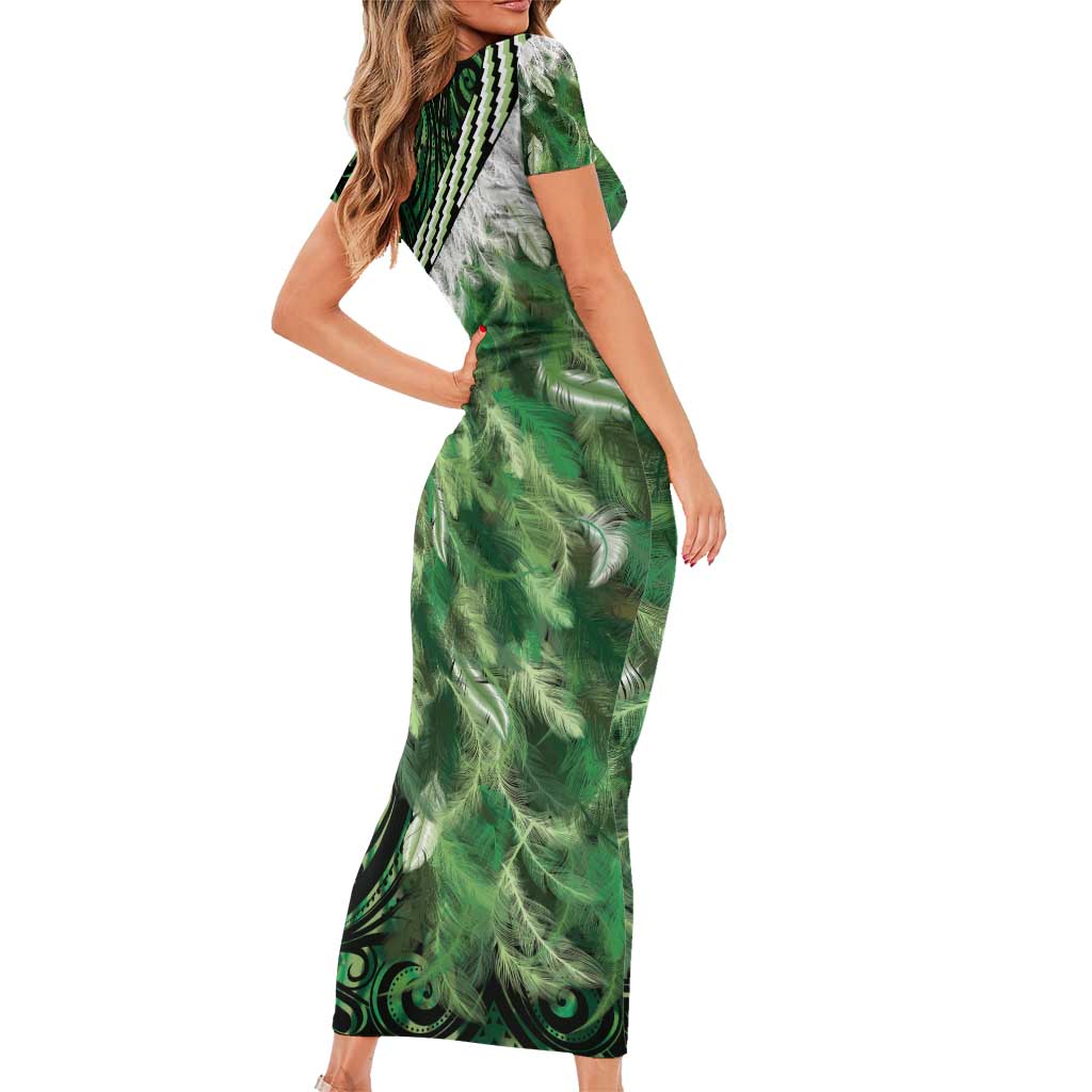 Green Traditional Cloak Aotearoa Family Matching Short Sleeve Bodycon Dress and Hawaiian Shirt Maori Paua Shell Korowai Pattern LT14 - Polynesian Pride