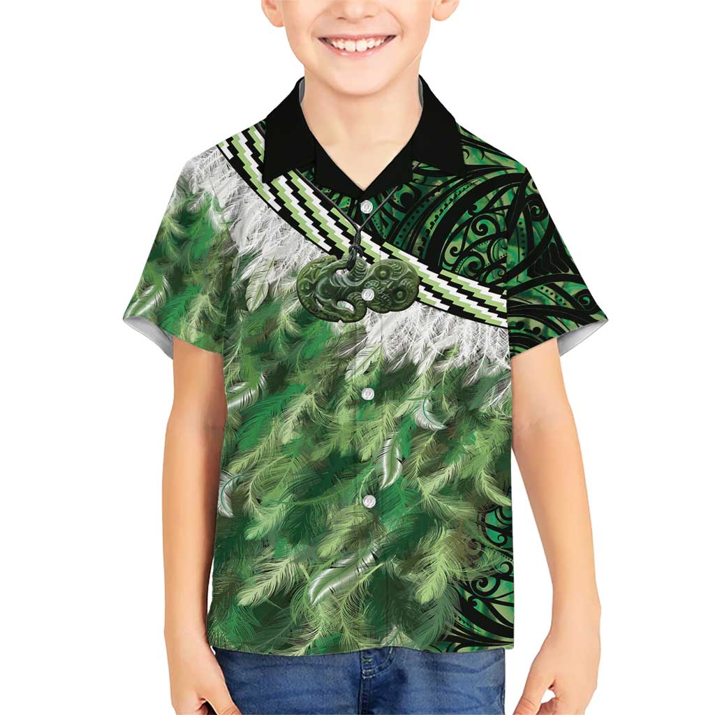Green Traditional Cloak Aotearoa Kid Hawaiian Shirt Maori Paua Shell Korowai Pattern