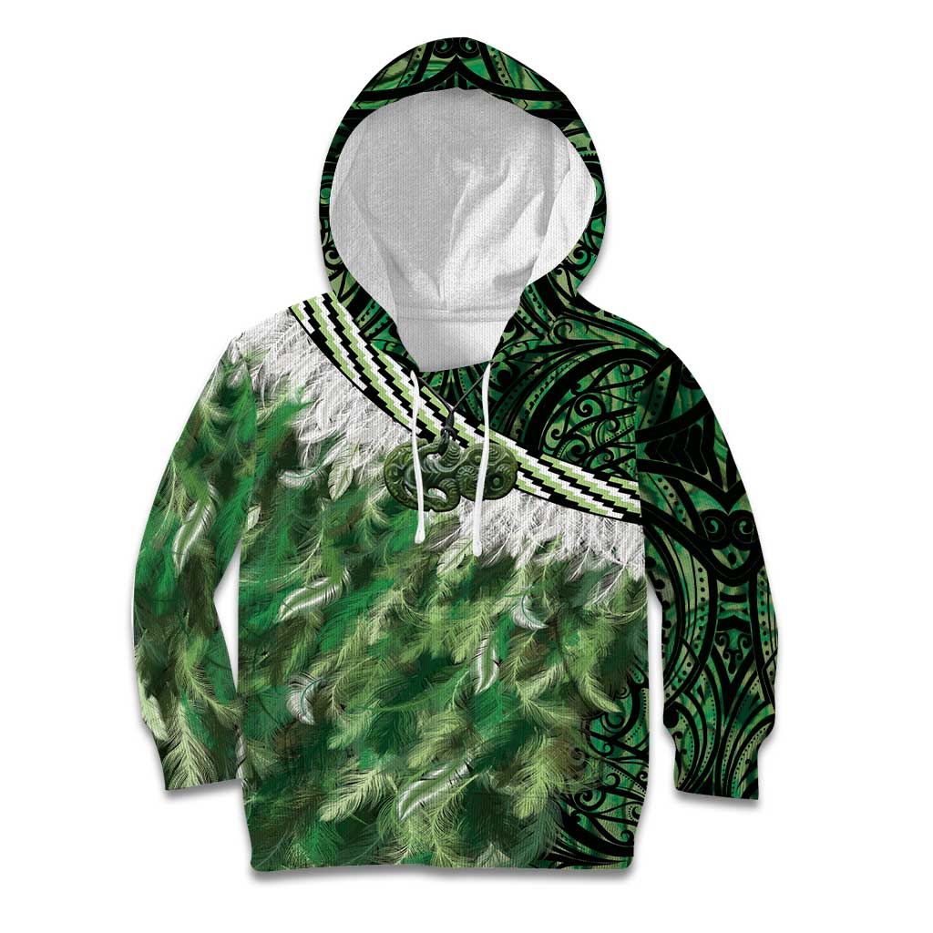Green Traditional Cloak Aotearoa Kid Hoodie Maori Paua Shell Korowai Pattern