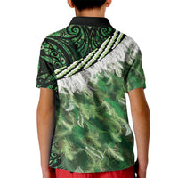 Green Traditional Cloak Aotearoa Kid Polo Shirt Maori Paua Shell Korowai Pattern