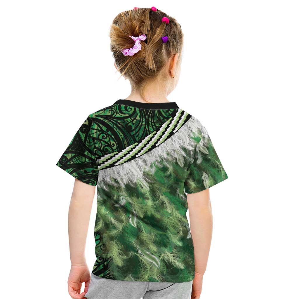 Green Traditional Cloak Aotearoa Kid T Shirt Maori Paua Shell Korowai Pattern