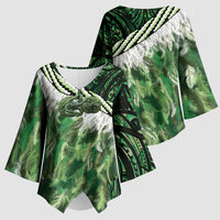 Green Traditional Cloak Aotearoa Kimono Sleeve Blouse Maori Paua Shell Korowai Pattern - Polynesian Pride