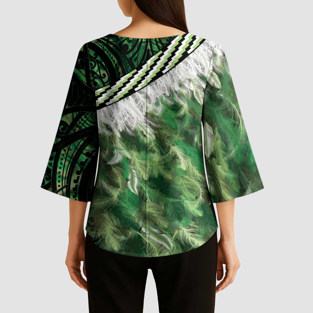 Green Traditional Cloak Aotearoa Kimono Sleeve Blouse Maori Paua Shell Korowai Pattern - Polynesian Pride