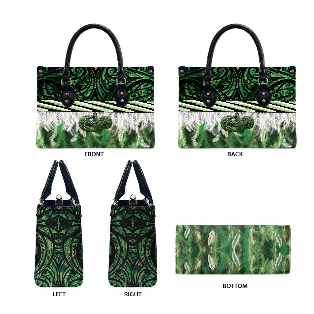 Green Traditional Cloak Aotearoa Leather Bag Maori Paua Shell Korowai Pattern - Polynesian Pride