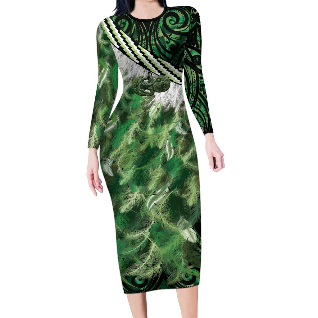 Green Traditional Cloak Aotearoa Long Sleeve Bodycon Dress Maori Paua Shell Korowai Pattern LT14 Long Dress Green - Polynesian Pride