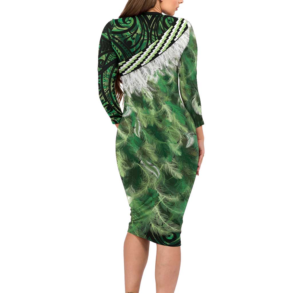 Green Traditional Cloak Aotearoa Long Sleeve Bodycon Dress Maori Paua Shell Korowai Pattern LT14 - Polynesian Pride