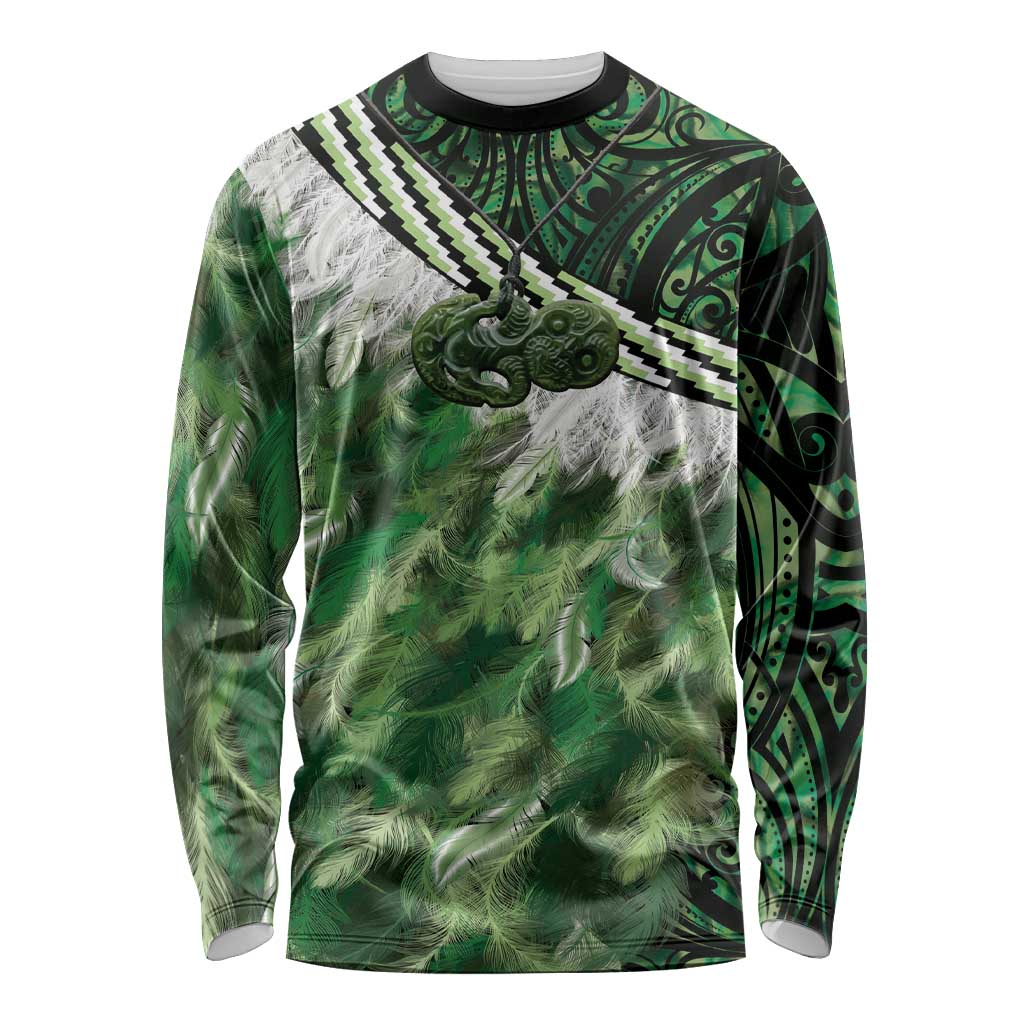 Green Traditional Cloak Aotearoa Long Sleeve Shirt Maori Paua Shell Korowai Pattern