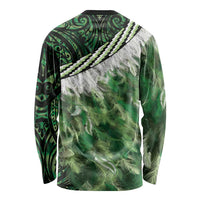Green Traditional Cloak Aotearoa Long Sleeve Shirt Maori Paua Shell Korowai Pattern