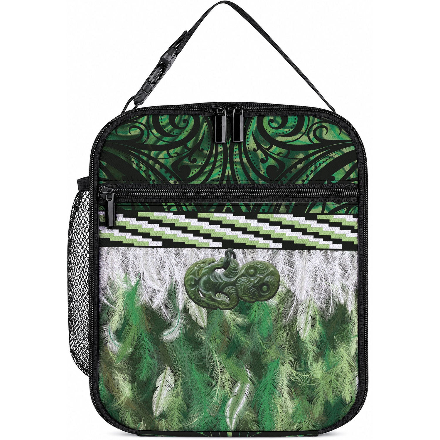 Green Traditional Cloak Aotearoa Lunch Bag Maori Paua Shell Korowai Pattern LT14 10.2 × 8.3 × 4.3 inch Green - Polynesian Pride