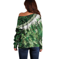 Green Traditional Cloak Aotearoa Off Shoulder Sweater Maori Paua Shell Korowai Pattern