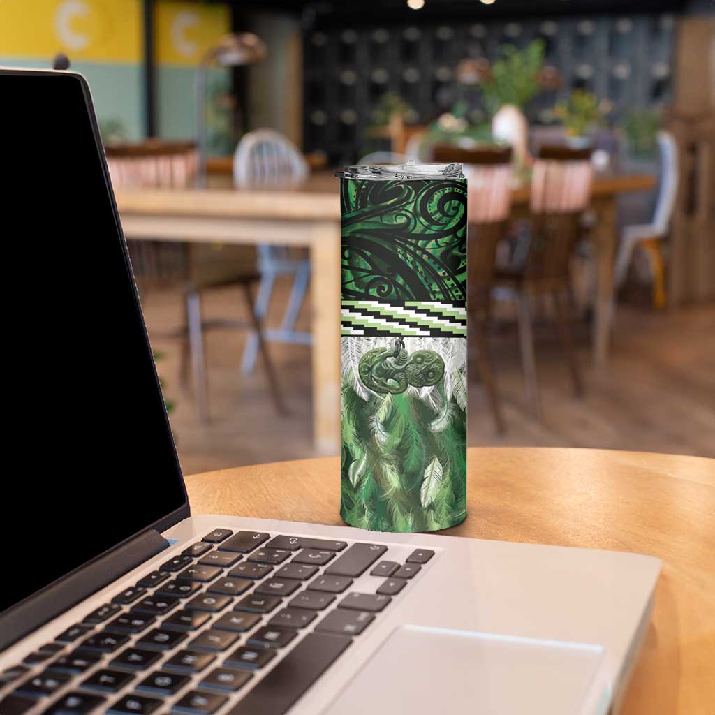 Green Traditional Cloak Aotearoa Skinny Tumbler Maori Paua Shell Korowai Pattern