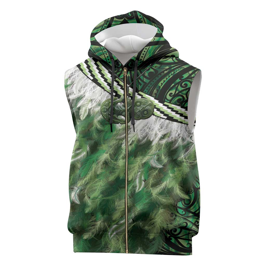 Green Traditional Cloak Aotearoa Sleeveless Zip Hoodie Maori Paua Shell Korowai Pattern - Polynesian Pride