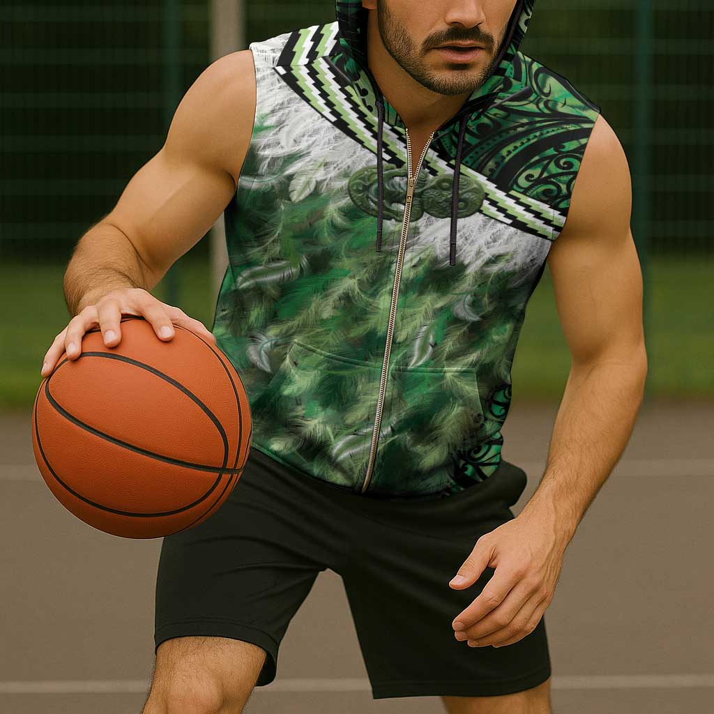 Green Traditional Cloak Aotearoa Sleeveless Zip Hoodie Maori Paua Shell Korowai Pattern - Polynesian Pride