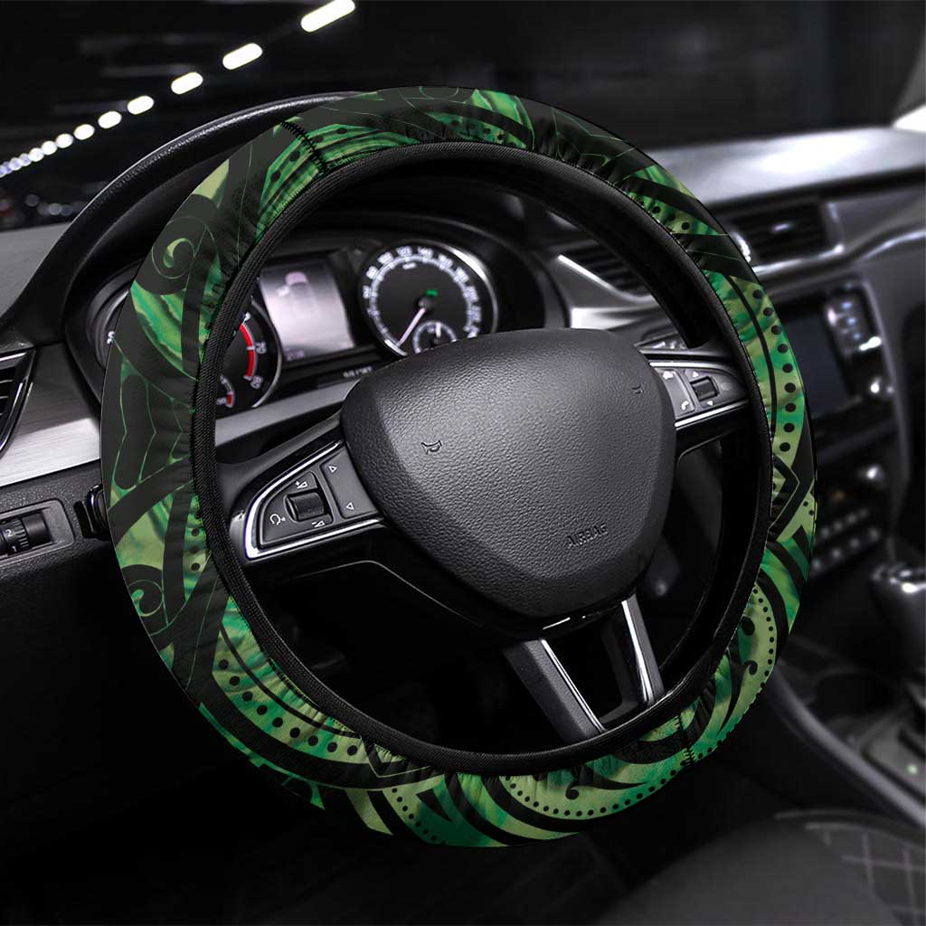 Green Traditional Cloak Aotearoa Steering Wheel Cover Maori Paua Shell Korowai Pattern