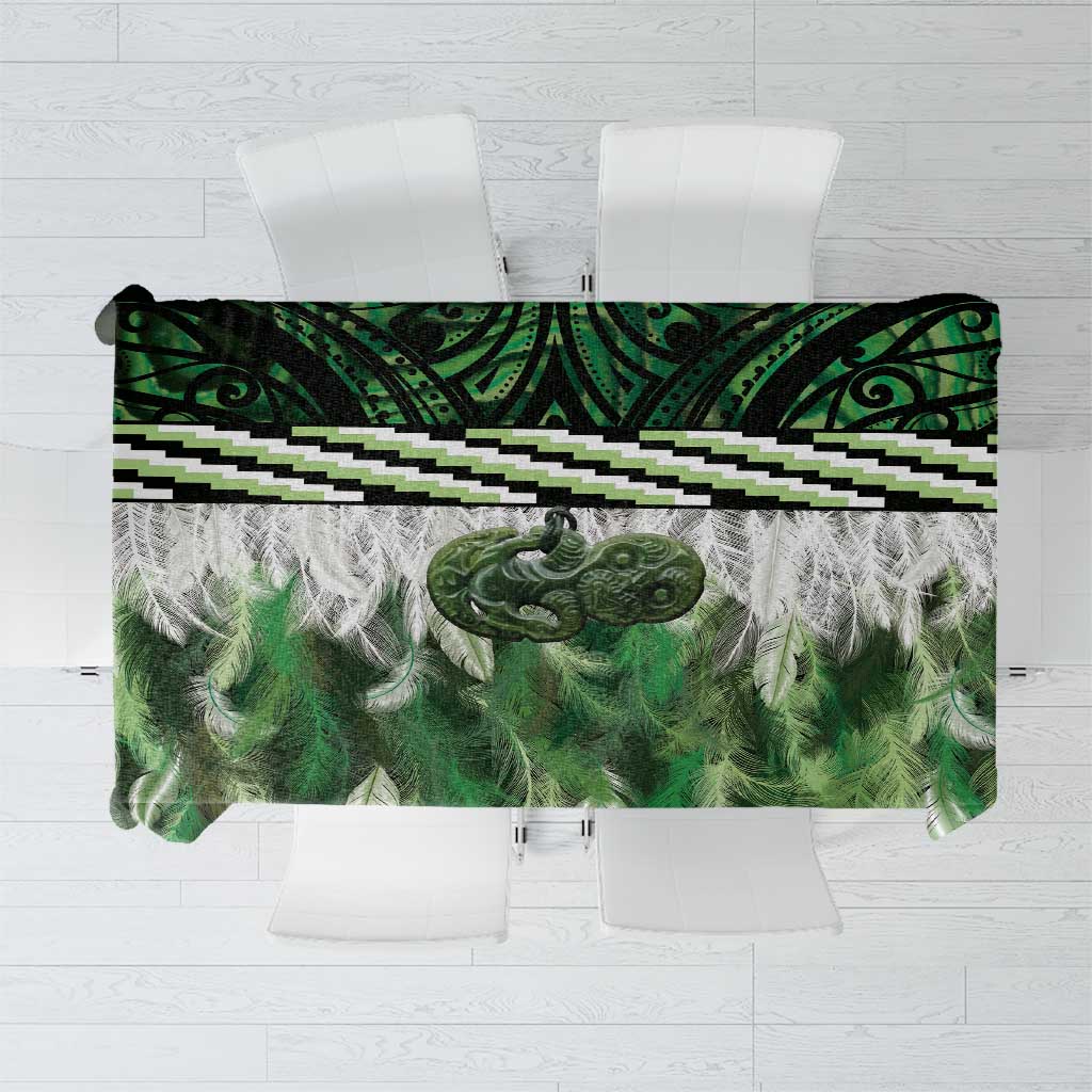 Green Traditional Cloak Aotearoa Tablecloth Maori Paua Shell Korowai Pattern