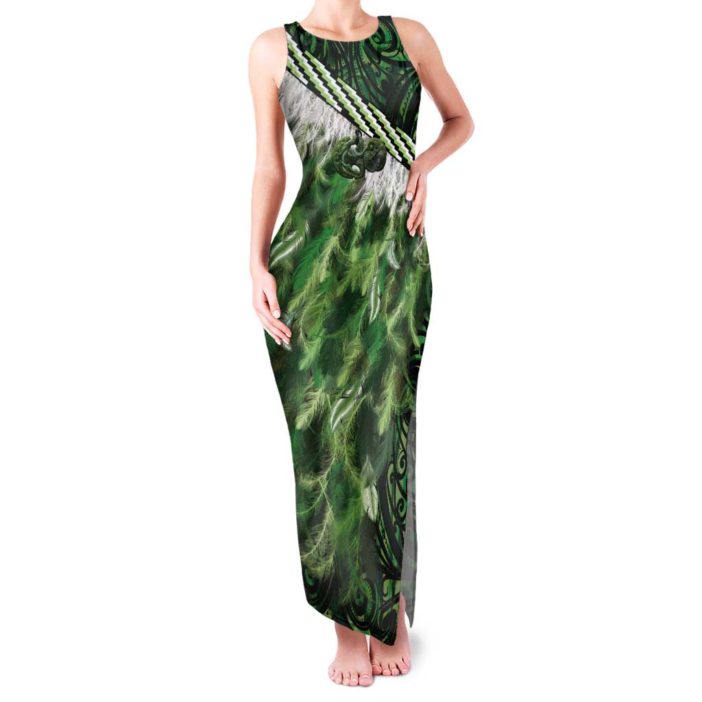Green Traditional Cloak Aotearoa Tank Maxi Dress Maori Paua Shell Korowai Pattern
