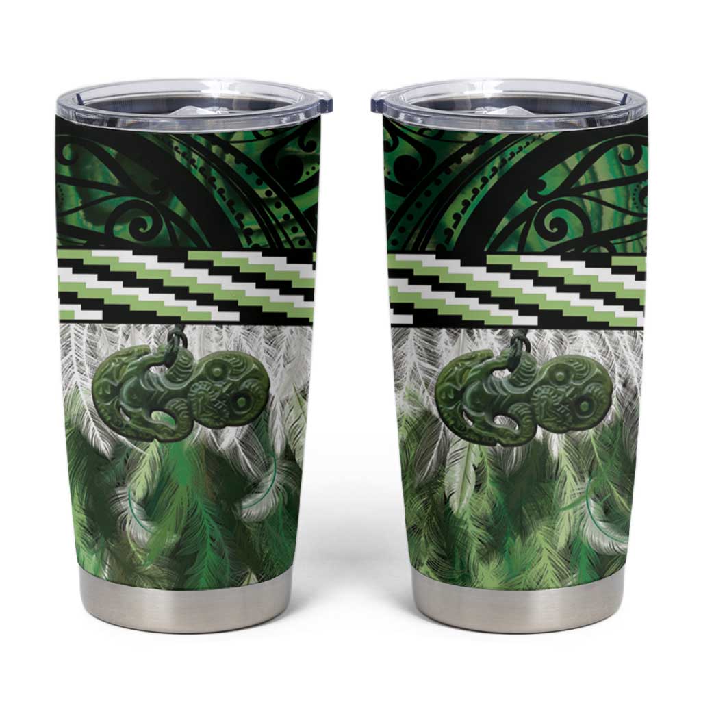 Green Traditional Cloak Aotearoa Tumbler Cup Maori Paua Shell Korowai Pattern