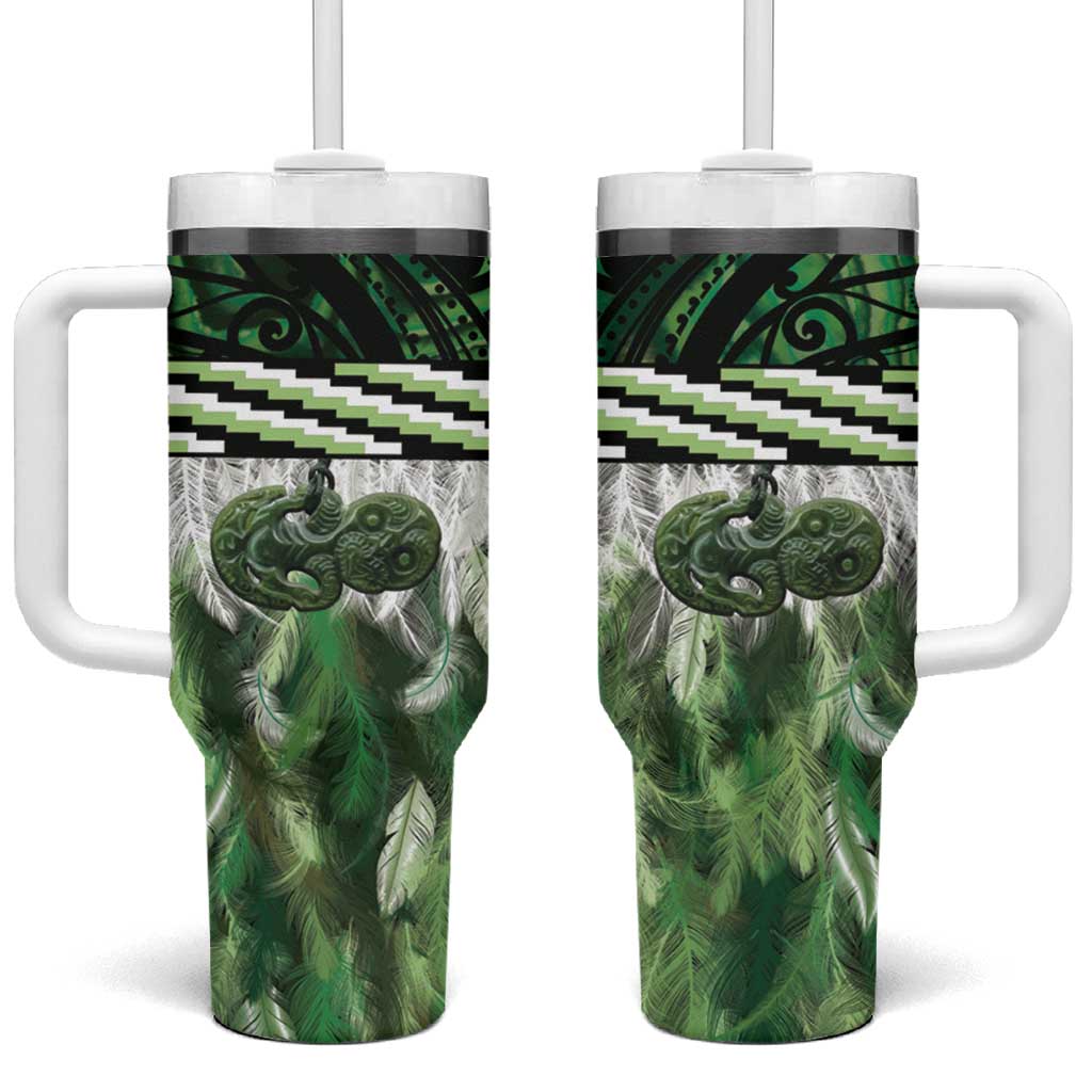 Green Traditional Cloak Aotearoa Tumbler With Handle Maori Paua Shell Korowai Pattern