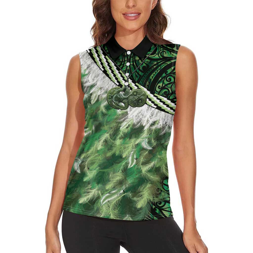 Green Traditional Cloak Aotearoa Women Sleeveless Polo Shirt Maori Paua Shell Korowai Pattern