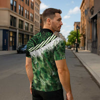 Green Traditional Cloak Aotearoa Zipper Polo Shirt Maori Paua Shell Korowai Pattern - Polynesian Pride