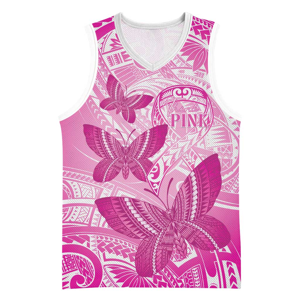 Personalised Polynesia Breast Cancer Awareness Basketball Jersey Think Pink Ribbon Polynesian Butterflies