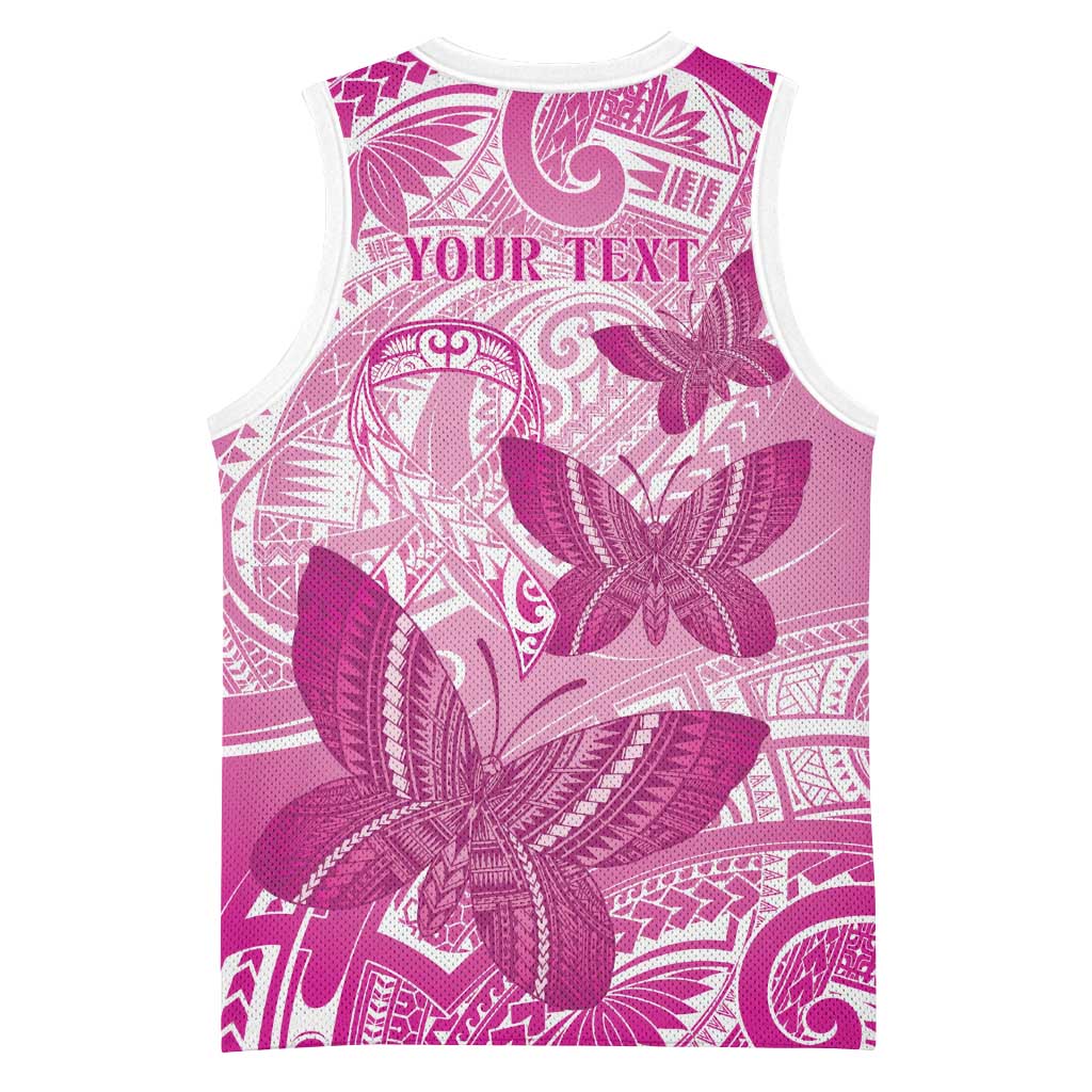 Personalised Polynesia Breast Cancer Awareness Basketball Jersey Think Pink Ribbon Polynesian Butterflies