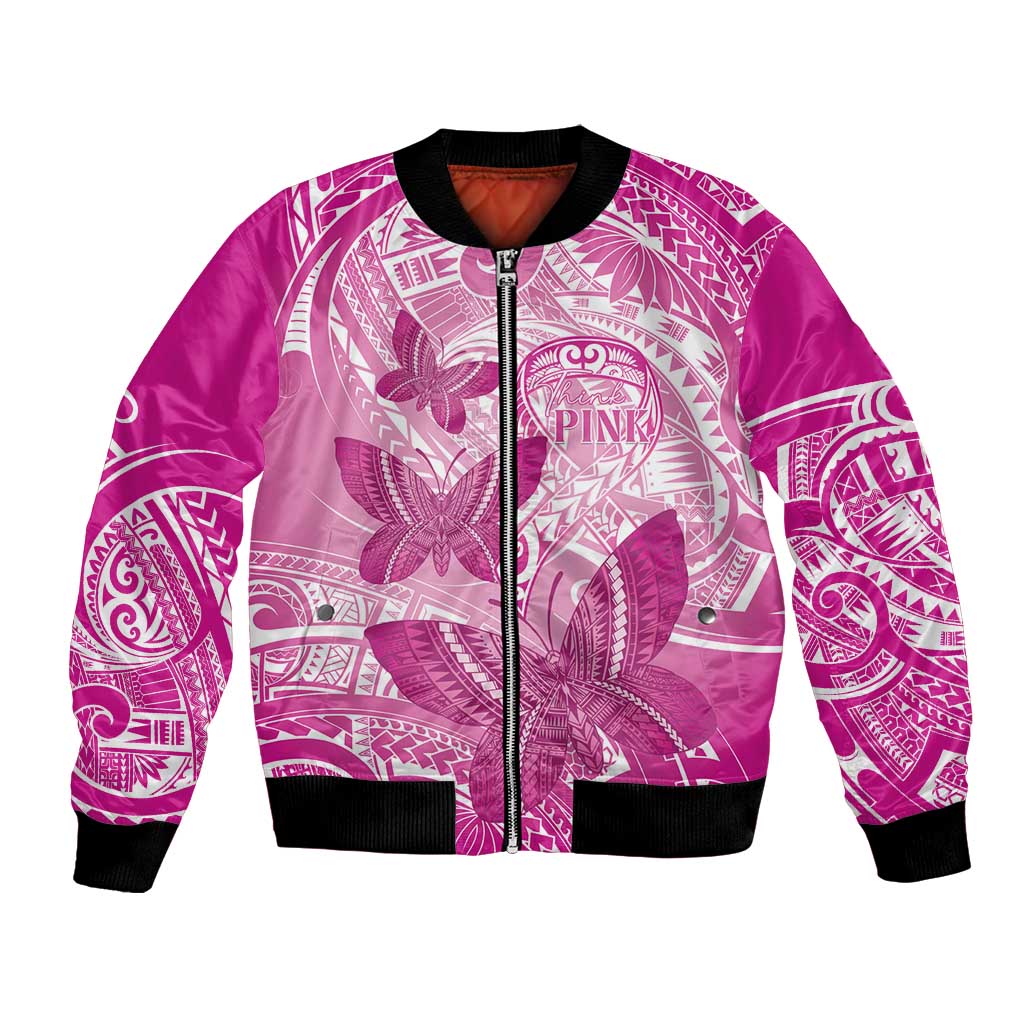 Personalised Polynesia Breast Cancer Awareness Bomber Jacket Think Pink Ribbon Polynesian Butterflies