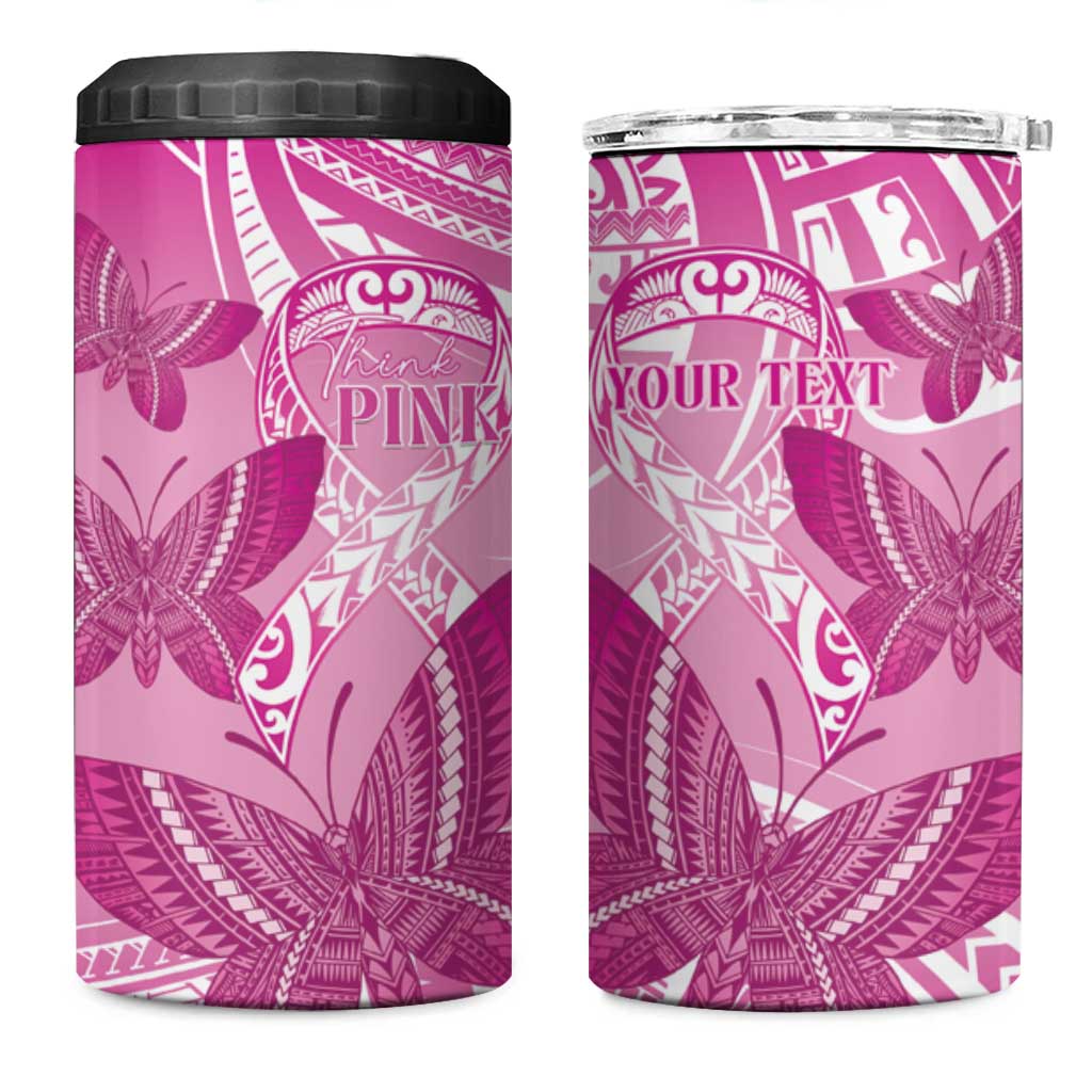 Personalised Polynesia Breast Cancer Awareness 4 in 1 Can Cooler Tumbler Think Pink Ribbon Polynesian Butterflies