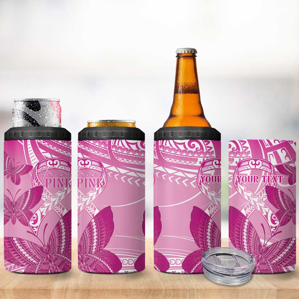Personalised Polynesia Breast Cancer Awareness 4 in 1 Can Cooler Tumbler Think Pink Ribbon Polynesian Butterflies
