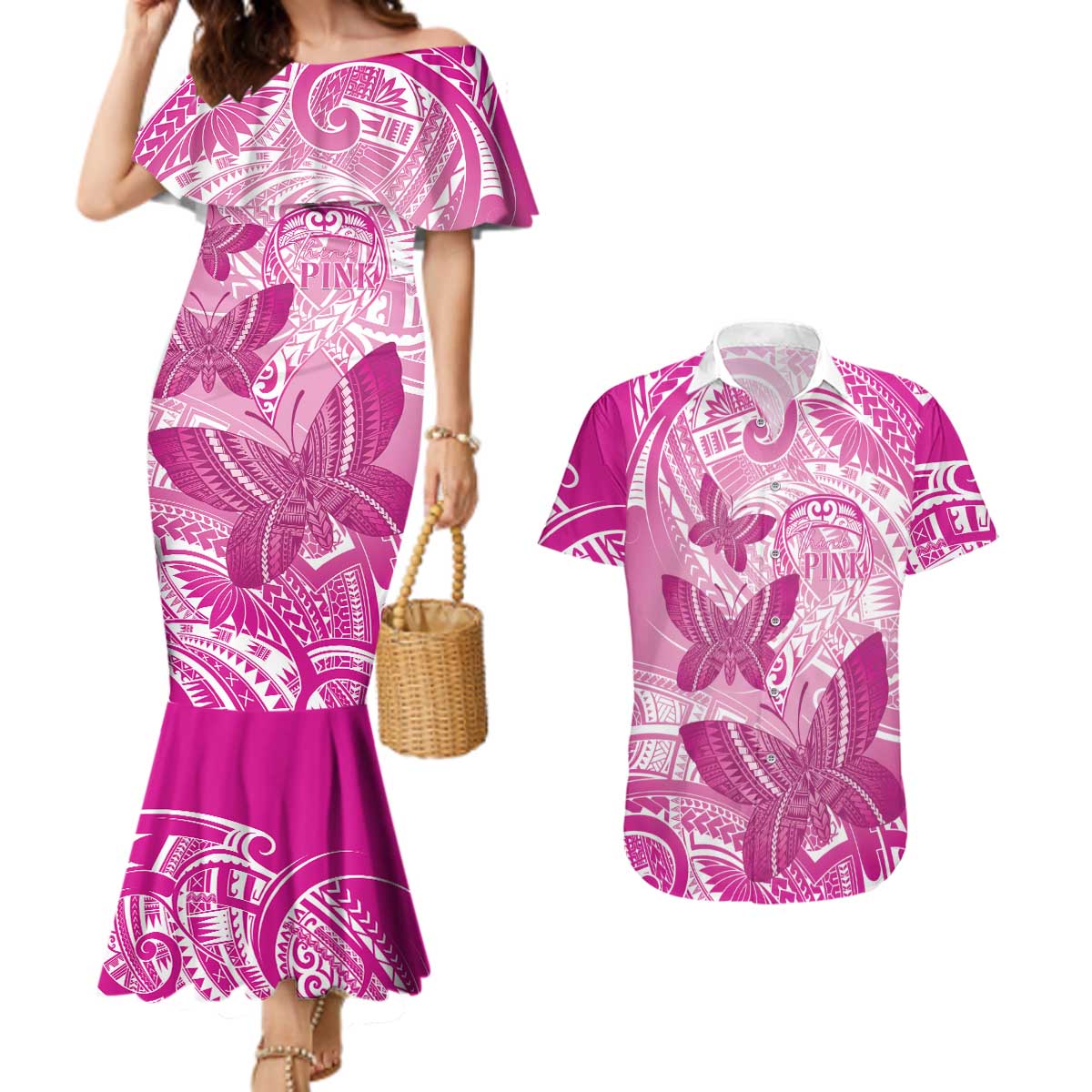 Personalised Polynesia Breast Cancer Awareness Couples Matching Mermaid Dress and Hawaiian Shirt Think Pink Ribbon Polynesian Butterflies LT14 Pink - Polynesian Pride