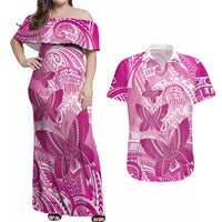 Personalised Polynesia Breast Cancer Awareness Couples Matching Off Shoulder Maxi Dress and Hawaiian Shirt Think Pink Ribbon Polynesian Butterflies