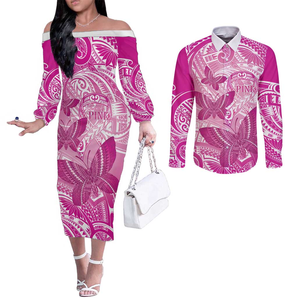 Personalised Polynesia Breast Cancer Awareness Couples Matching Off The Shoulder Long Sleeve Dress and Long Sleeve Button Shirt Think Pink Ribbon Polynesian Butterflies