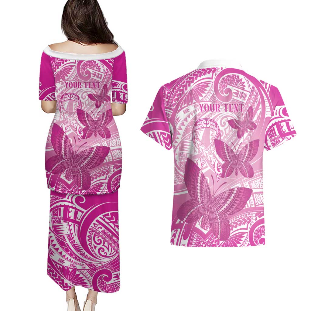 Personalised Polynesia Breast Cancer Awareness Couples Matching Puletasi and Hawaiian Shirt Think Pink Ribbon Polynesian Butterflies