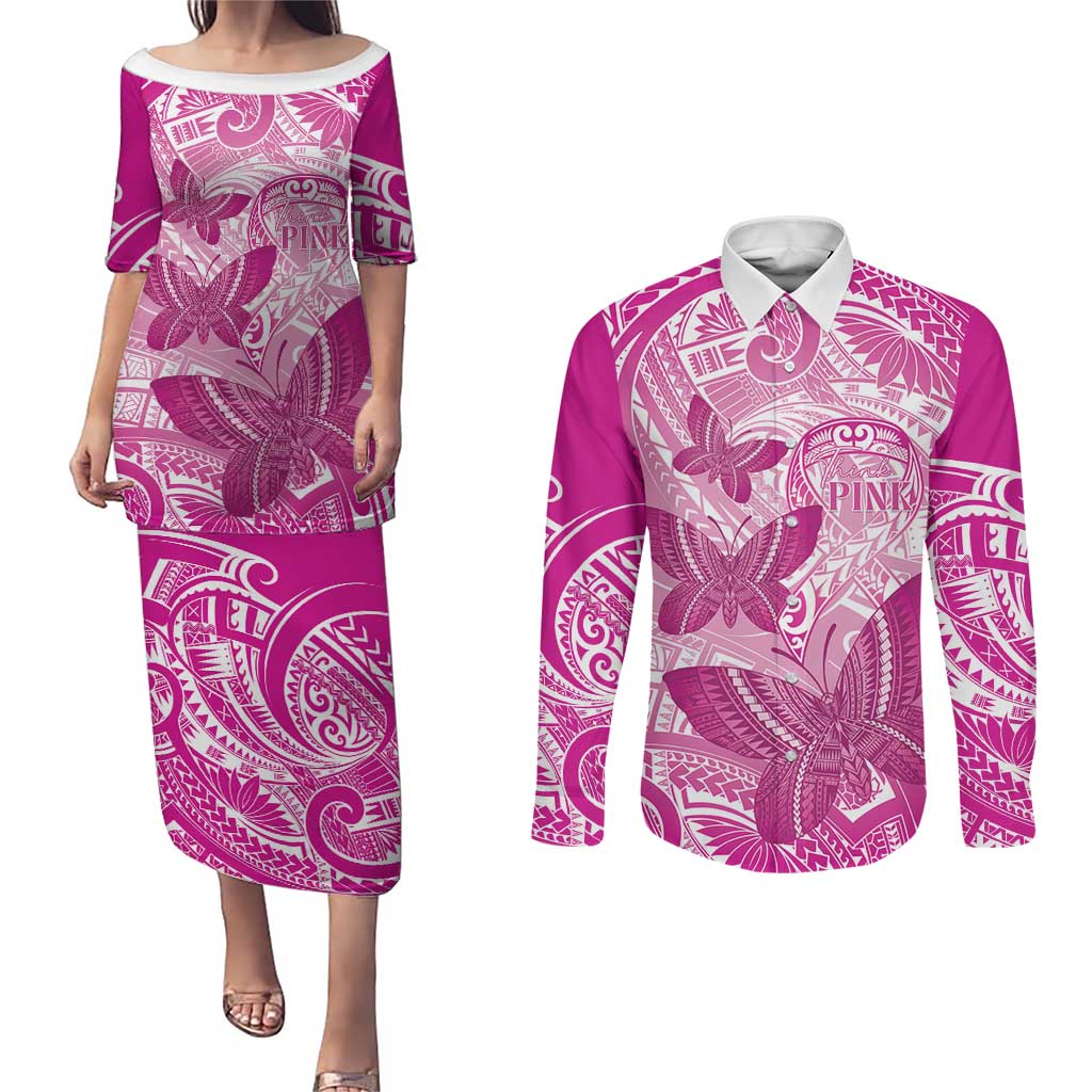 Personalised Polynesia Breast Cancer Awareness Couples Matching Puletasi and Long Sleeve Button Shirt Think Pink Ribbon Polynesian Butterflies