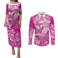 Personalised Polynesia Breast Cancer Awareness Couples Matching Puletasi and Long Sleeve Button Shirt Think Pink Ribbon Polynesian Butterflies