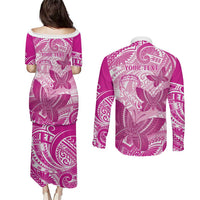 Personalised Polynesia Breast Cancer Awareness Couples Matching Puletasi and Long Sleeve Button Shirt Think Pink Ribbon Polynesian Butterflies