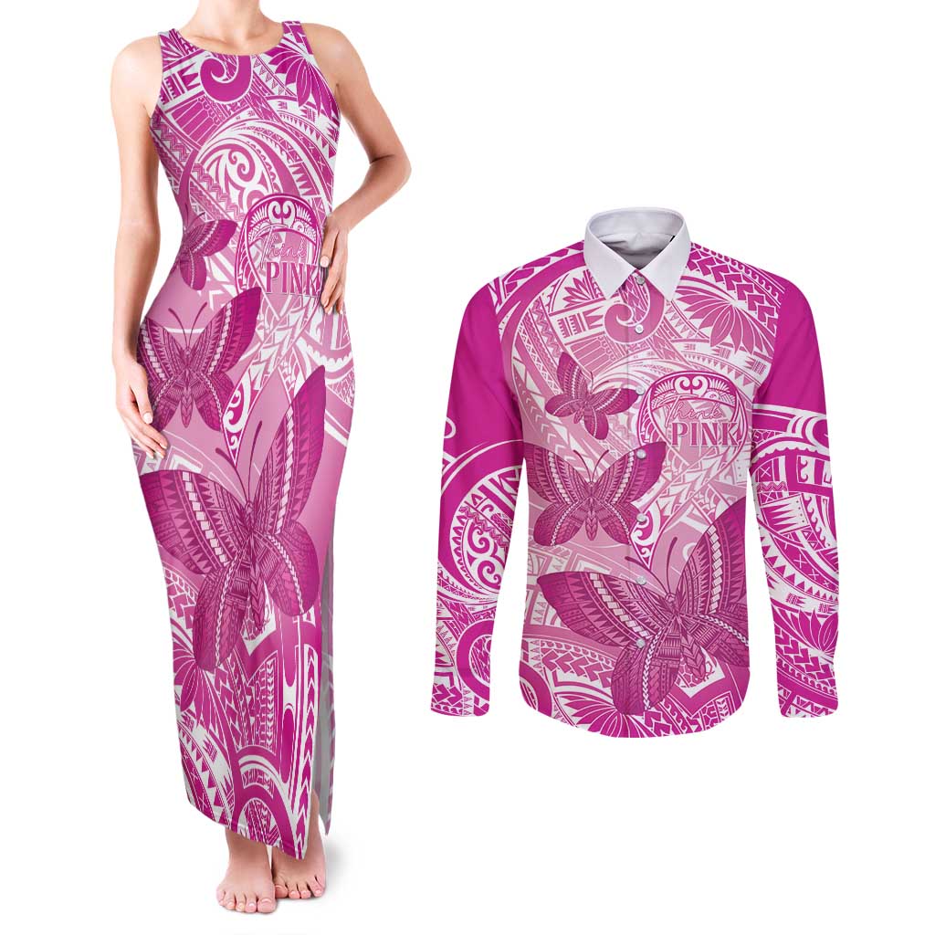 Personalised Polynesia Breast Cancer Awareness Couples Matching Tank Maxi Dress and Long Sleeve Button Shirt Think Pink Ribbon Polynesian Butterflies