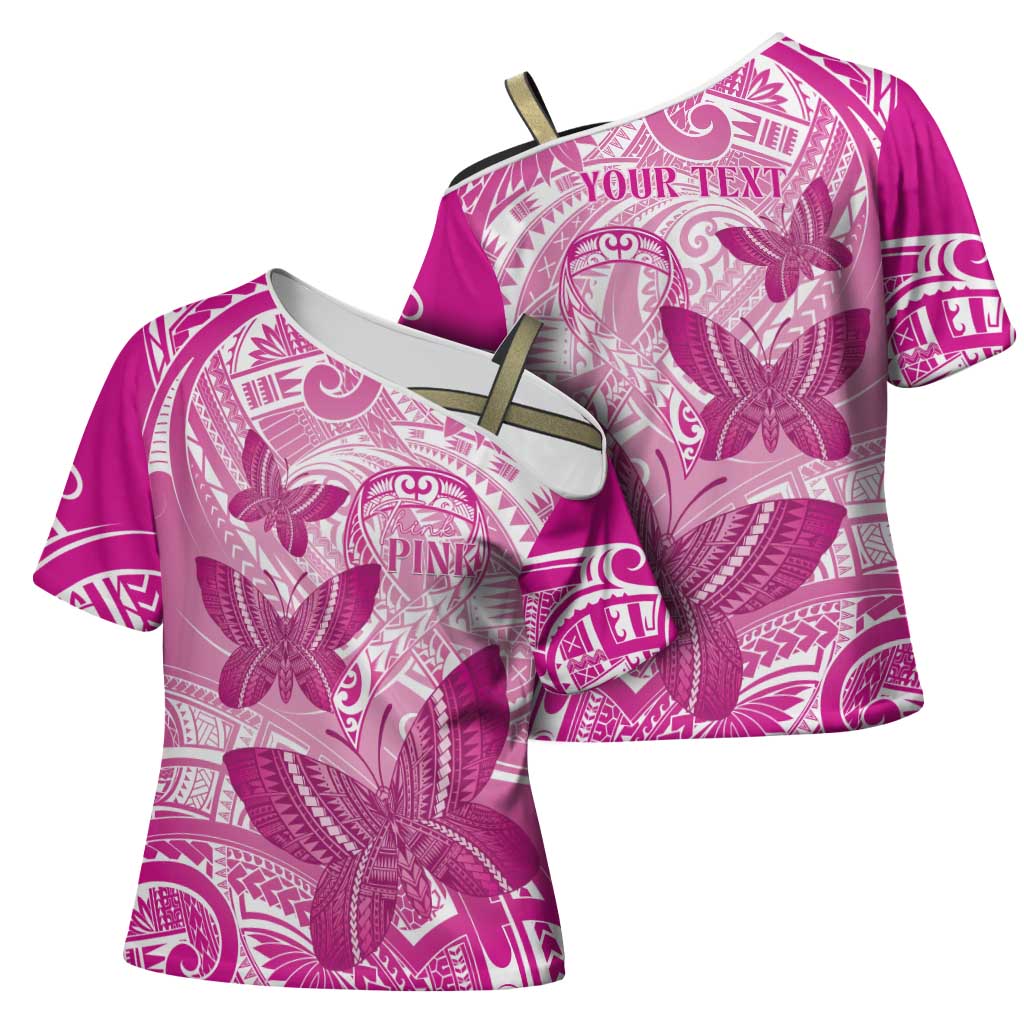 Personalised Polynesia Breast Cancer Awareness Cross Shoulder Shirt Think Pink Ribbon Polynesian Butterflies